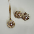 Blush Aura Set – Pink Pearl Halo Pendant & Earrings in Gold Finish - Vinni’s Jewelry