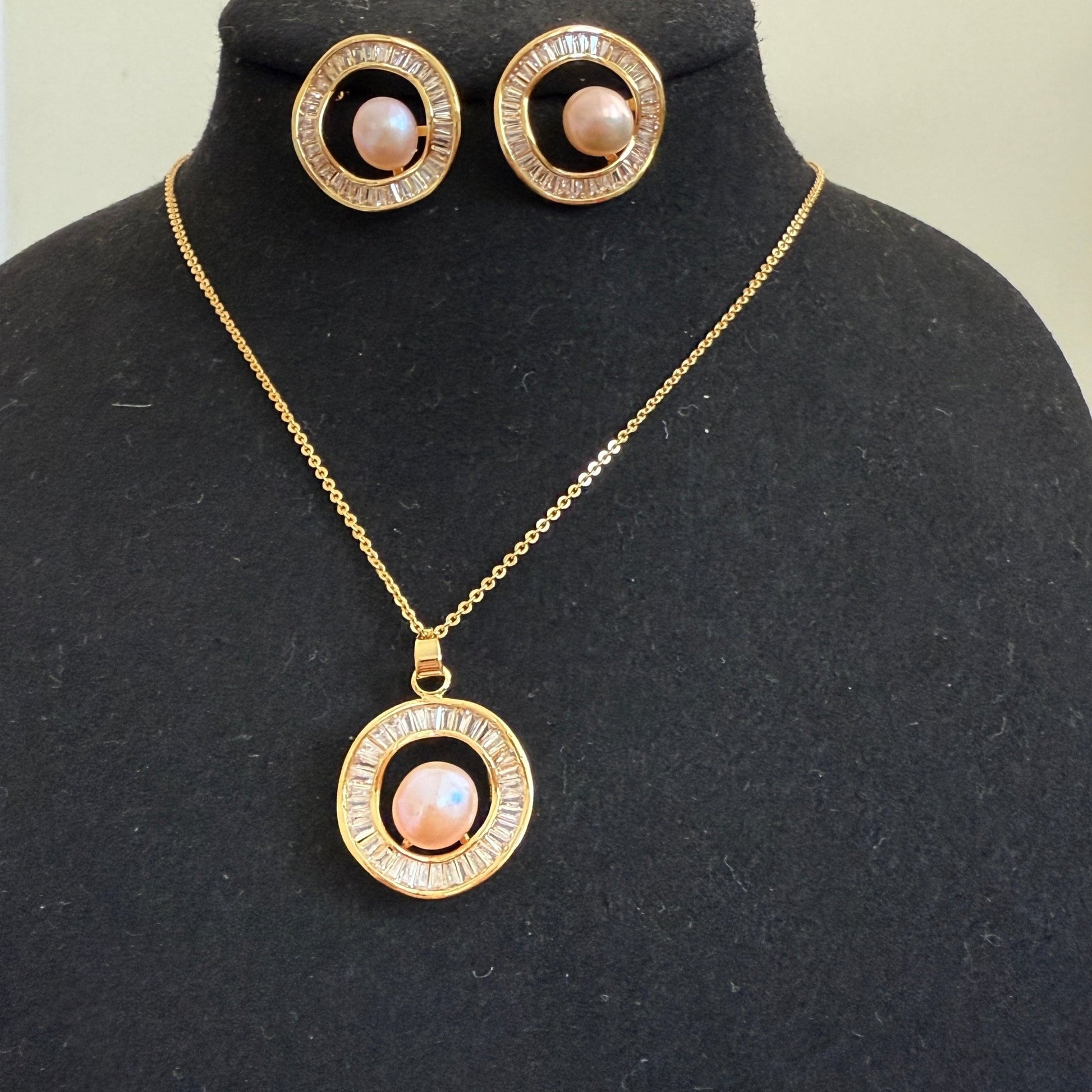 Blush Aura Set – Pink Pearl Halo Pendant & Earrings in Gold Finish - Vinni’s Jewelry