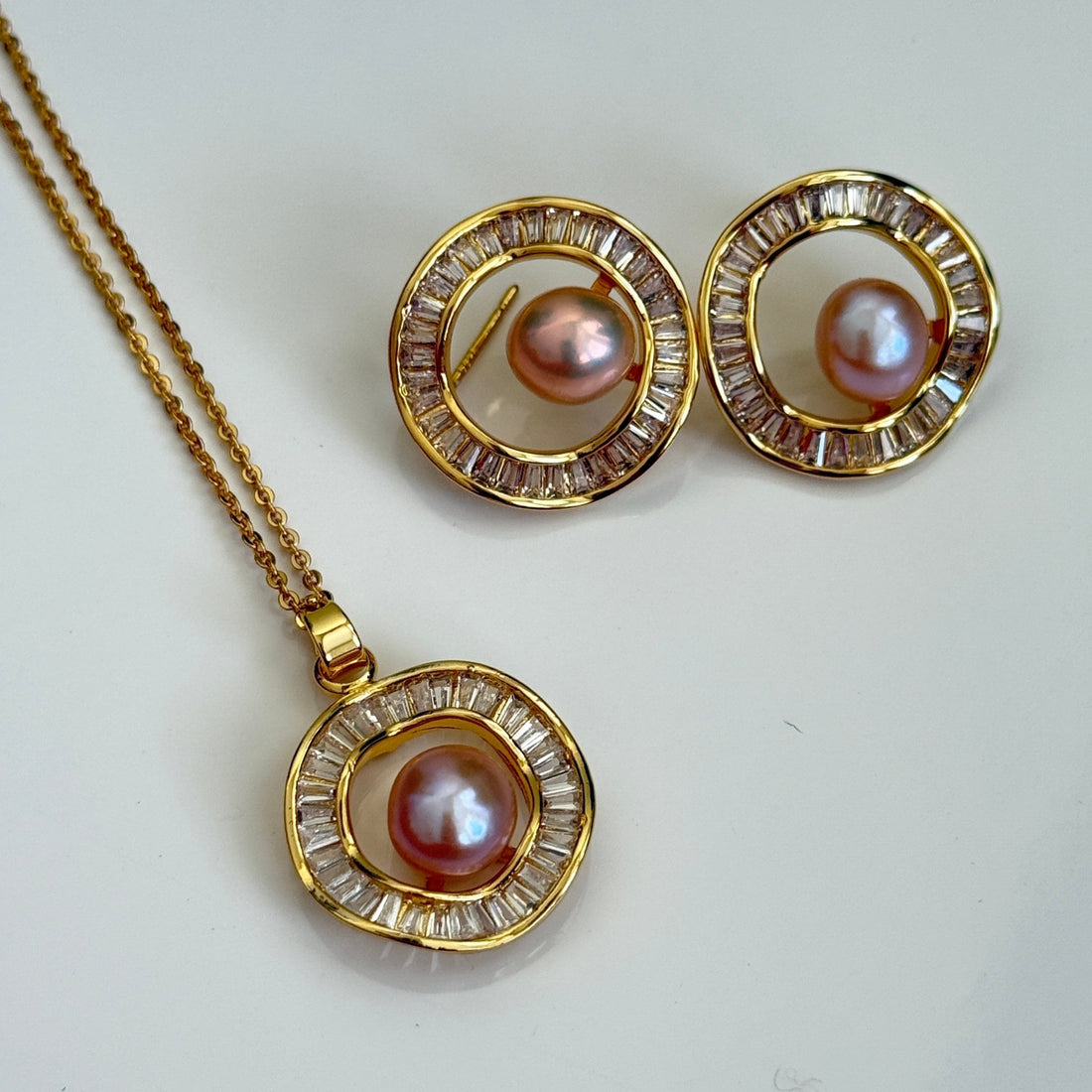 Blush Aura Set – Pink Pearl Halo Pendant & Earrings in Gold Finish - Vinni’s Jewelry