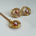 Blush Aura Set – Pink Pearl Halo Pendant & Earrings in Gold Finish - Vinni’s Jewelry