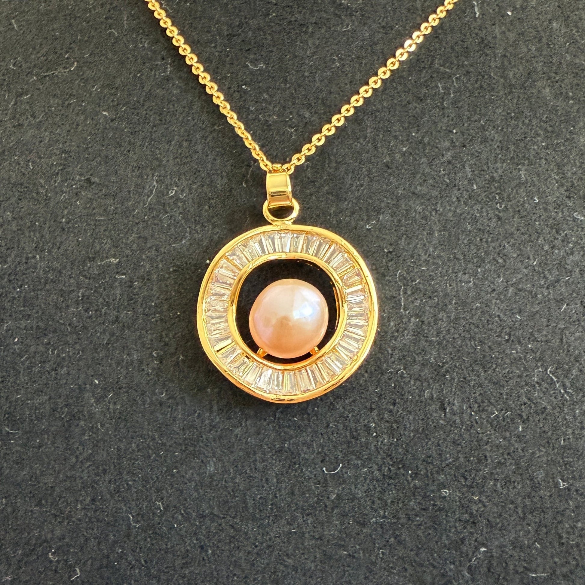 Blush Aura Set – Pink Pearl Halo Pendant & Earrings in Gold Finish - Vinni’s Jewelry