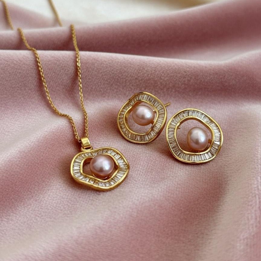 Blush Aura Set – Pink Pearl Halo Pendant & Earrings in Gold Finish - Vinni’s Jewelry