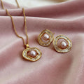 Blush Aura Set – Pink Pearl Halo Pendant & Earrings in Gold Finish - Vinni’s Jewelry