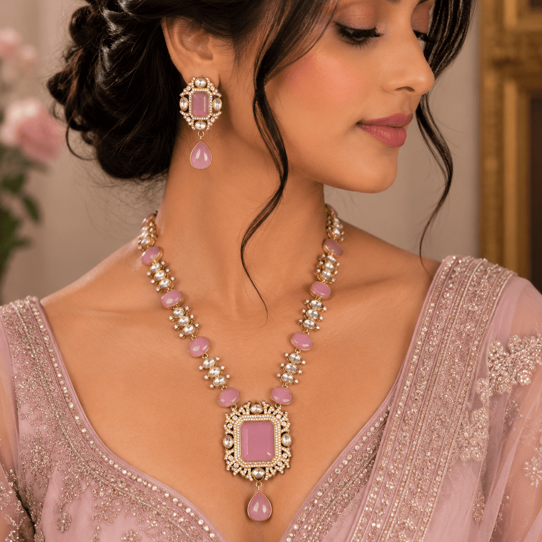 Blush Regal Kundan Necklace Set – Rose Stone Elegance - Vinni’s Jewelry