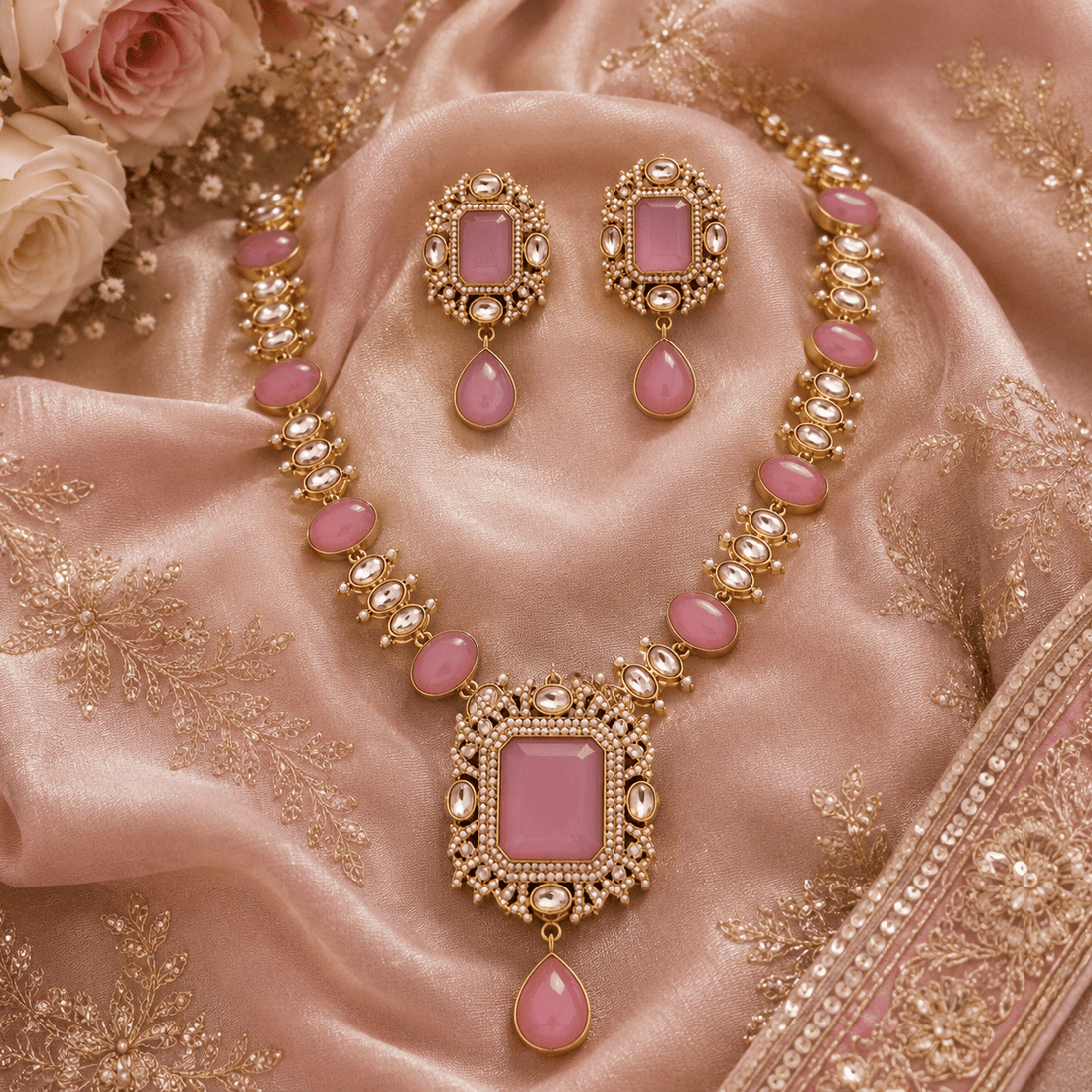 Blush Regal Kundan Necklace Set – Rose Stone Elegance - Vinni’s Jewelry