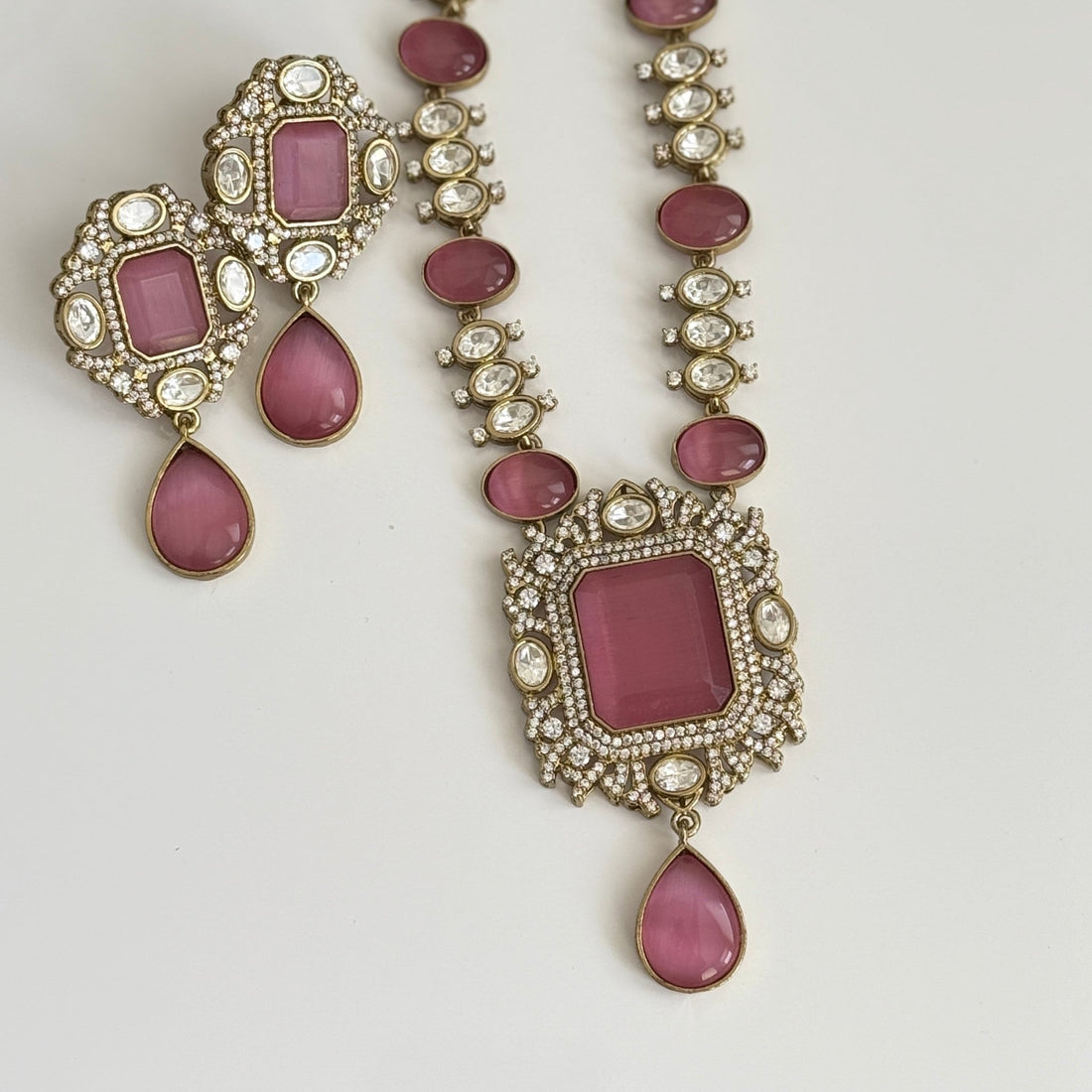 Blush Regal Kundan Necklace Set – Rose Stone Elegance - Vinni’s Jewelry