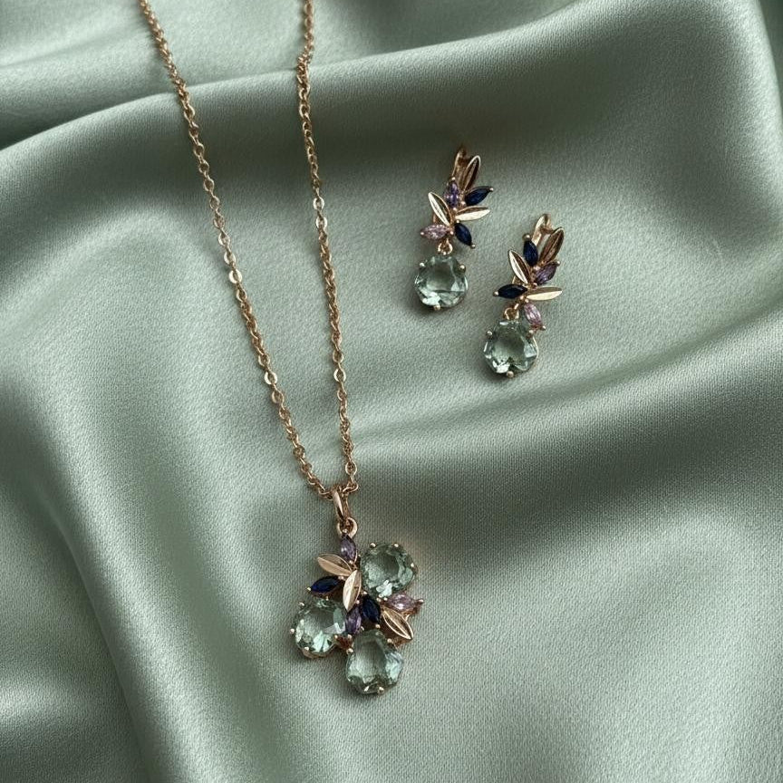 Celestial Bloom Mint Green Crystal Necklace and Earrings Set Rose Gold Floral Design with Blue and Violet Accents - Vinni’s Jewelry