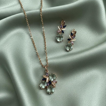 Celestial Bloom Mint Green Crystal Necklace and Earrings Set Rose Gold Floral Design with Blue and Violet Accents - Vinni’s Jewelry
