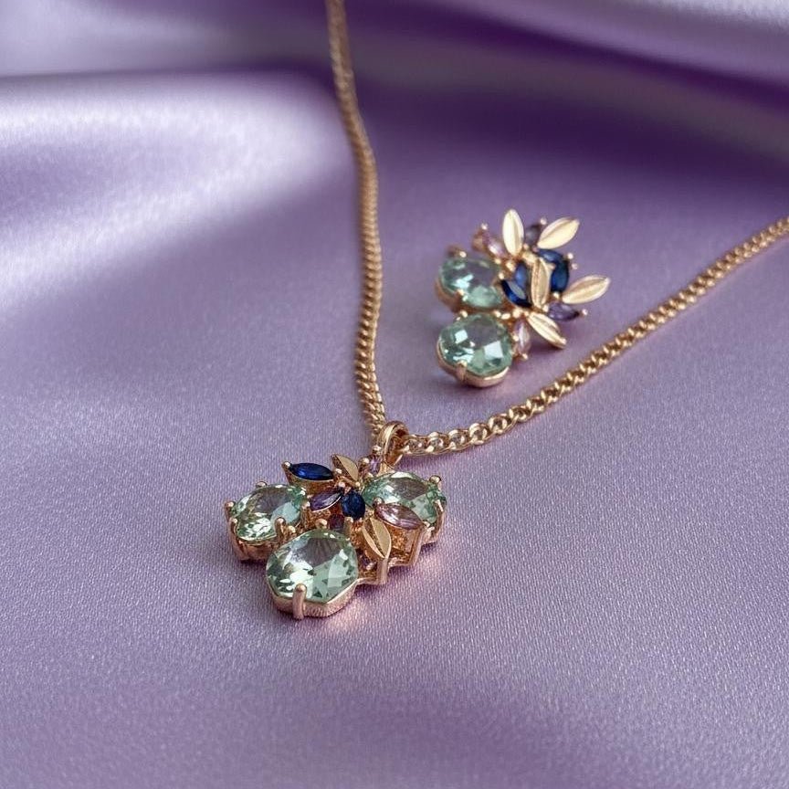 Celestial Bloom Mint Green Crystal Necklace and Earrings Set – Rose Gold Floral Design with Blue and Violet Accents - Vinni’s Jewelry