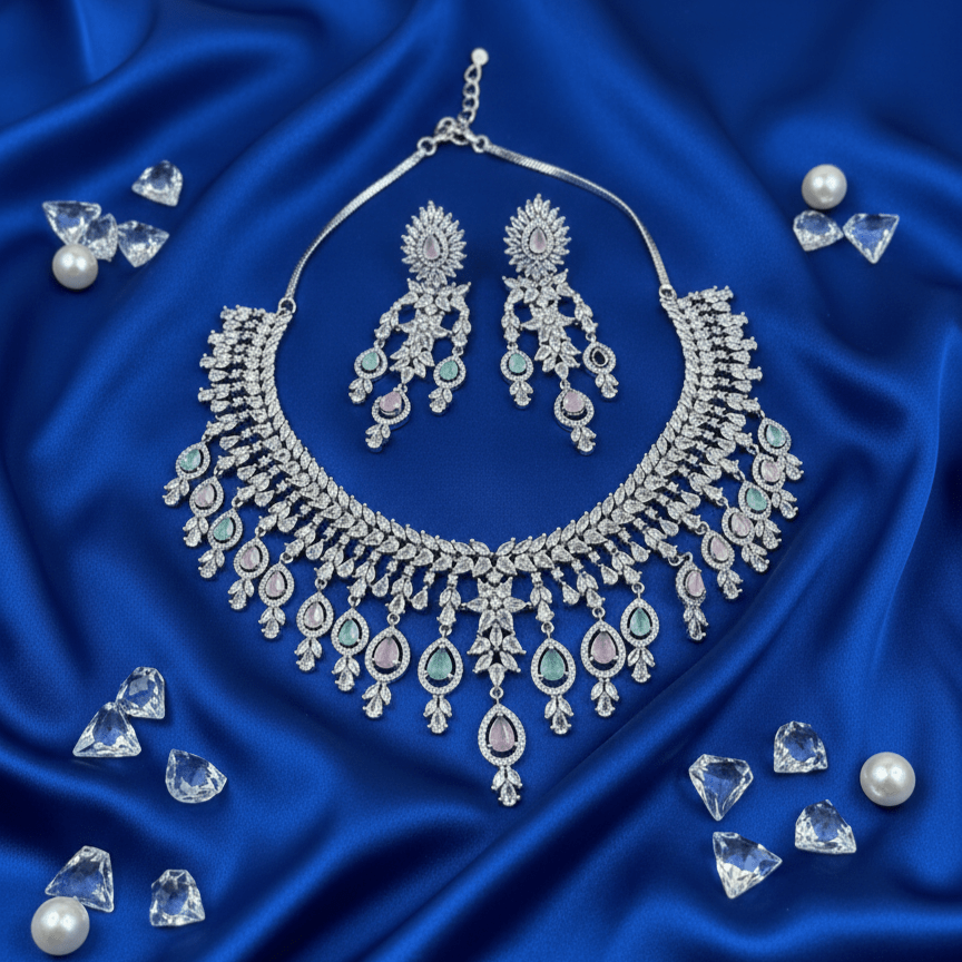 Classic Baby Pink & Mint Crystal Bridal Necklace Set| Vinni’s Jewelry - Vinni’s Jewelry