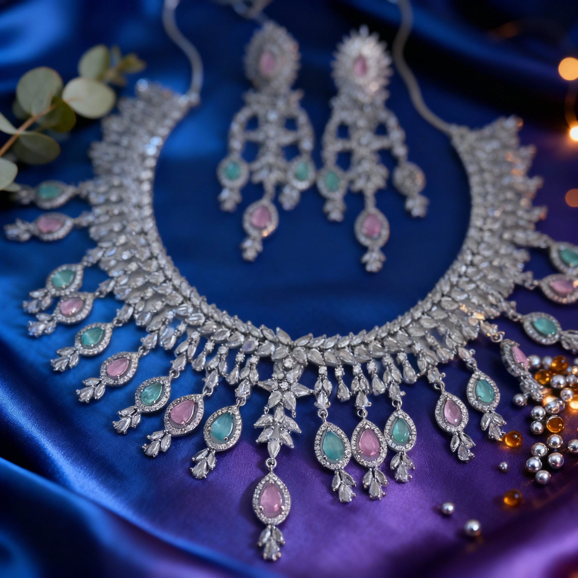 Classic Baby Pink & Mint Crystal Bridal Necklace Set| Vinni’s Jewelry - Vinni’s Jewelry