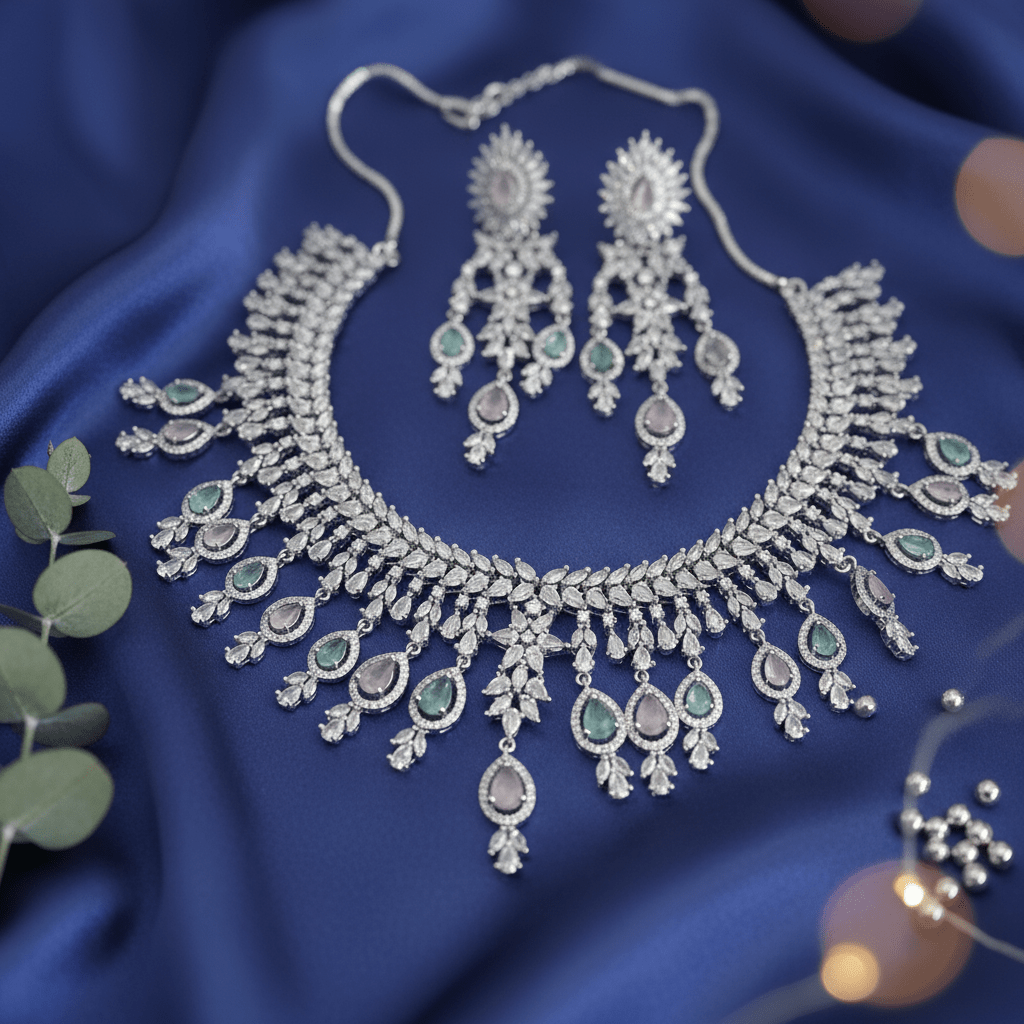 Classic Baby Pink & Mint Crystal Bridal Necklace Set| Vinni’s Jewelry - Vinni’s Jewelry