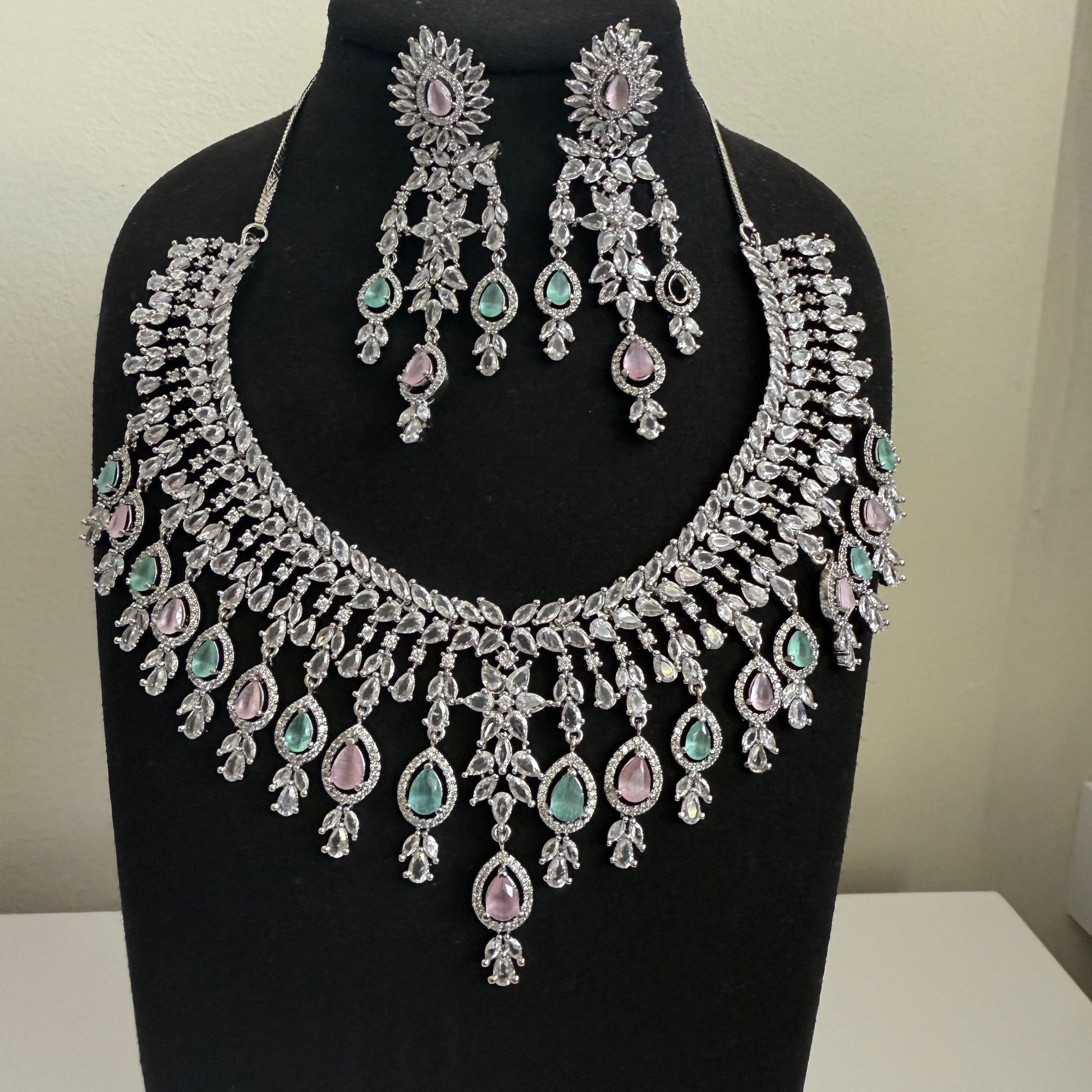 Classic Baby Pink & Mint Crystal Bridal Necklace Set| Vinni’s Jewelry - Vinni’s Jewelry