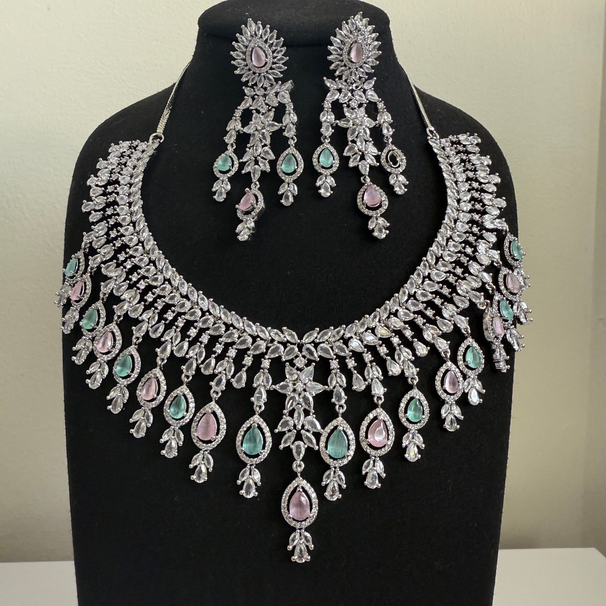 Classic Baby Pink & Mint Crystal Bridal Necklace Set| Vinni’s Jewelry - Vinni’s Jewelry