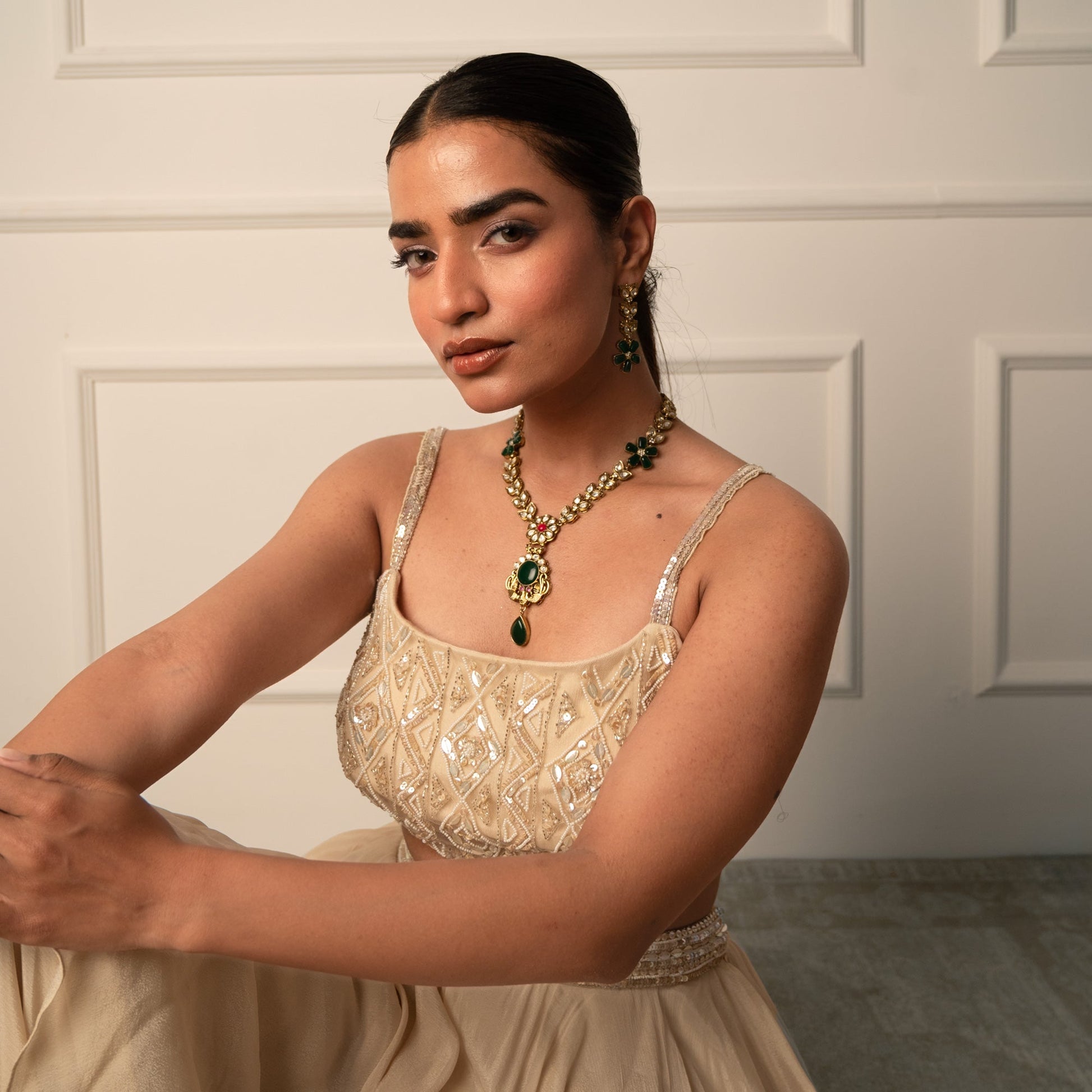 Emerald Blossom Kundan Necklace Set - Vinni’s Jewelry