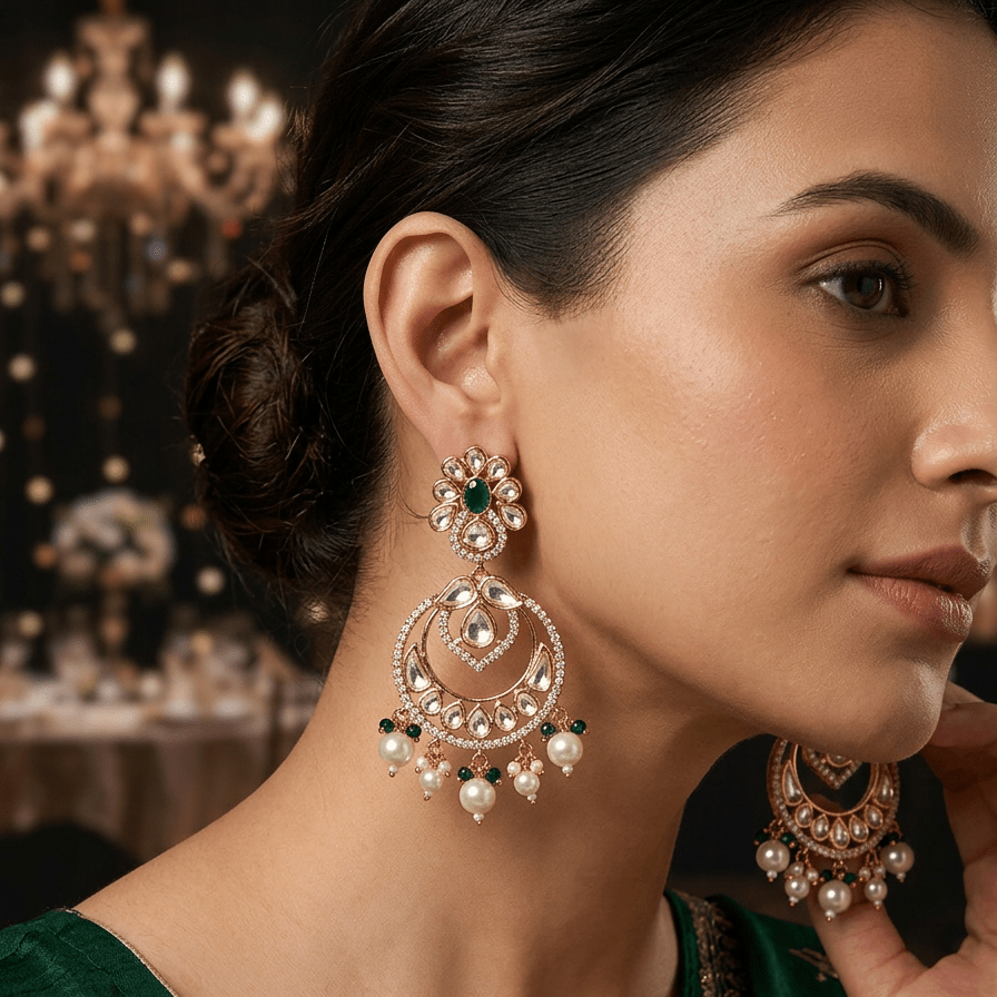 Emerald Crescent Chandbali Earrings - Vinni’s Jewelry