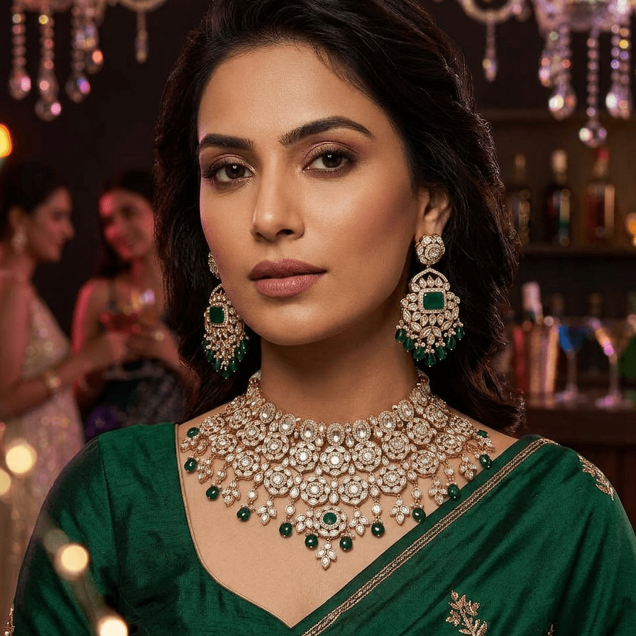 Emerald Polki Bridal Choker Necklace Set with Earrings - Vinni’s Jewelry