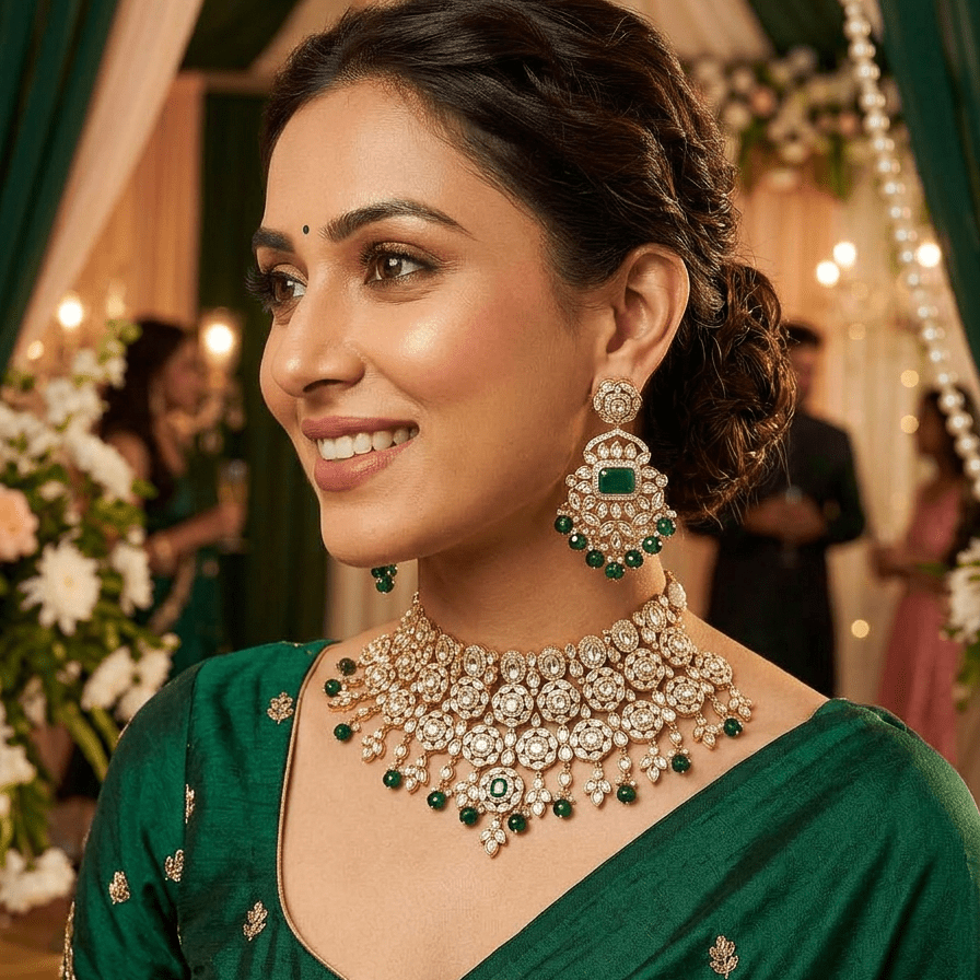 Emerald Polki Bridal Choker Necklace Set with Earrings - Vinni’s Jewelry