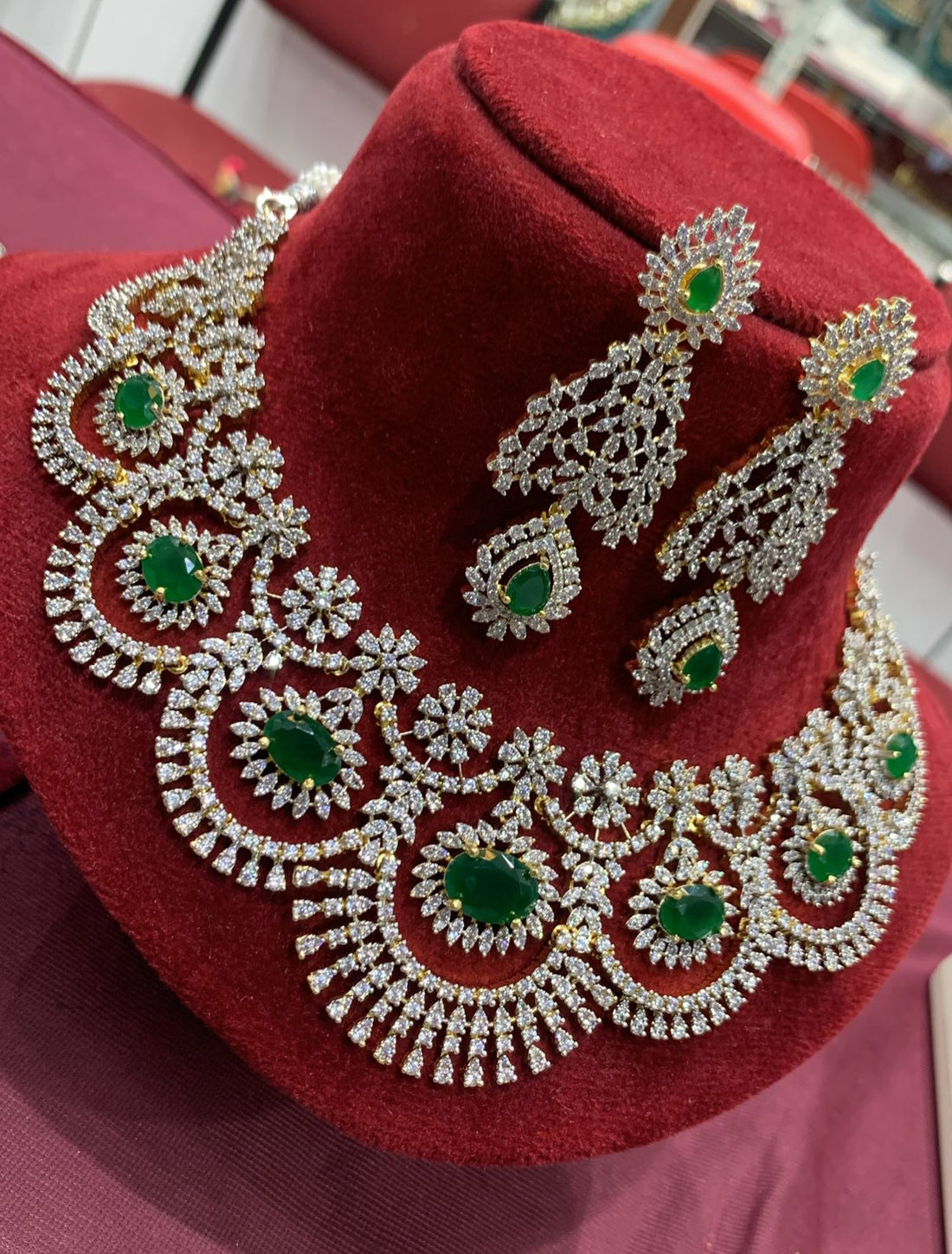 Emerald Radiance Necklace Set – American Diamond Bridal Jewelry - Vinni’s Jewelry