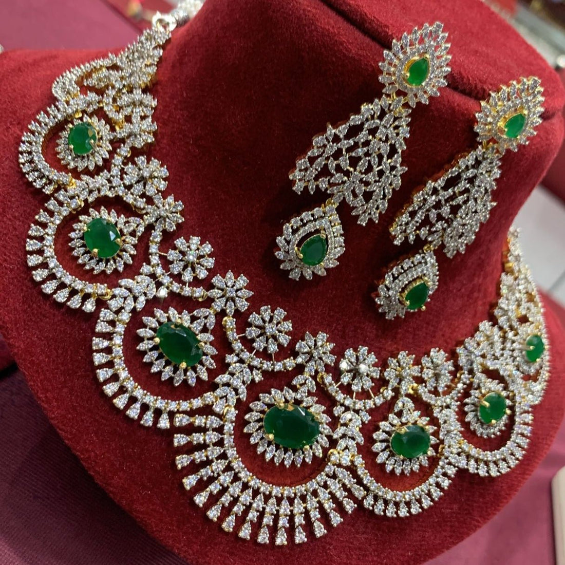 Emerald Radiance Necklace Set – American Diamond Bridal Jewelry - Vinni’s Jewelry