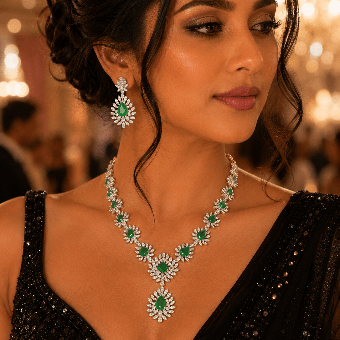Emerald Radiance Statement Necklace Set – American Diamond Bridal Jewelry - Vinni’s Jewelry