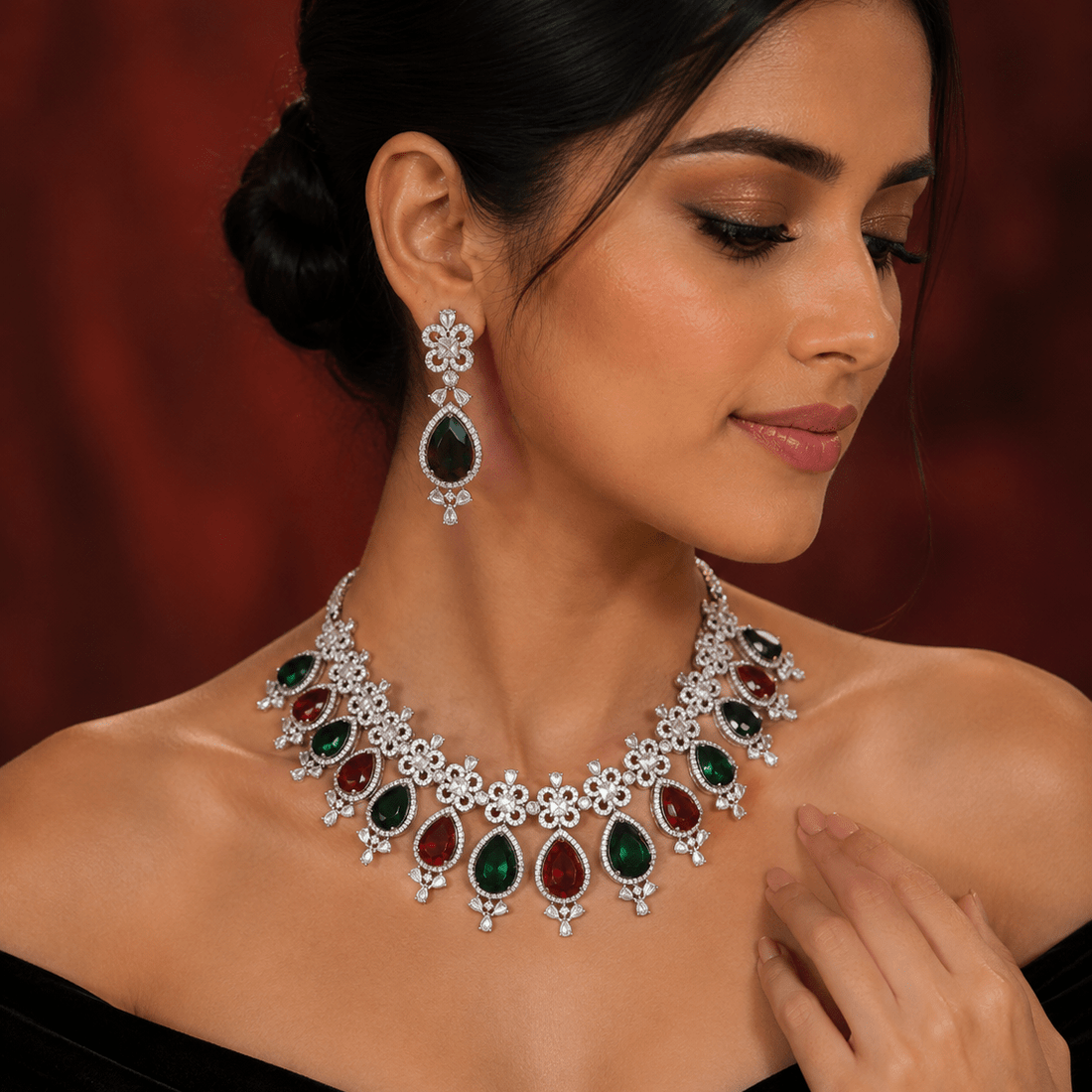 Emerald Royale CZ Necklace Set– Emerald & Ruby Look Stones with CZ Accents - Vinni’s Jewelry