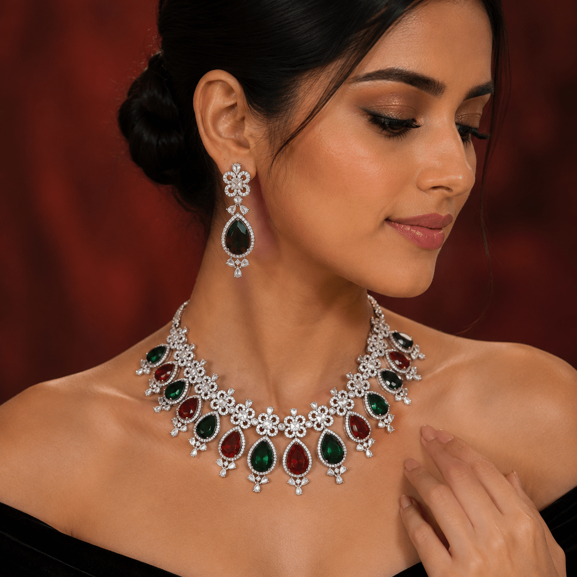 Emerald Royale CZ Necklace Set– Emerald & Ruby Look Stones with CZ Accents - Vinni’s Jewelry