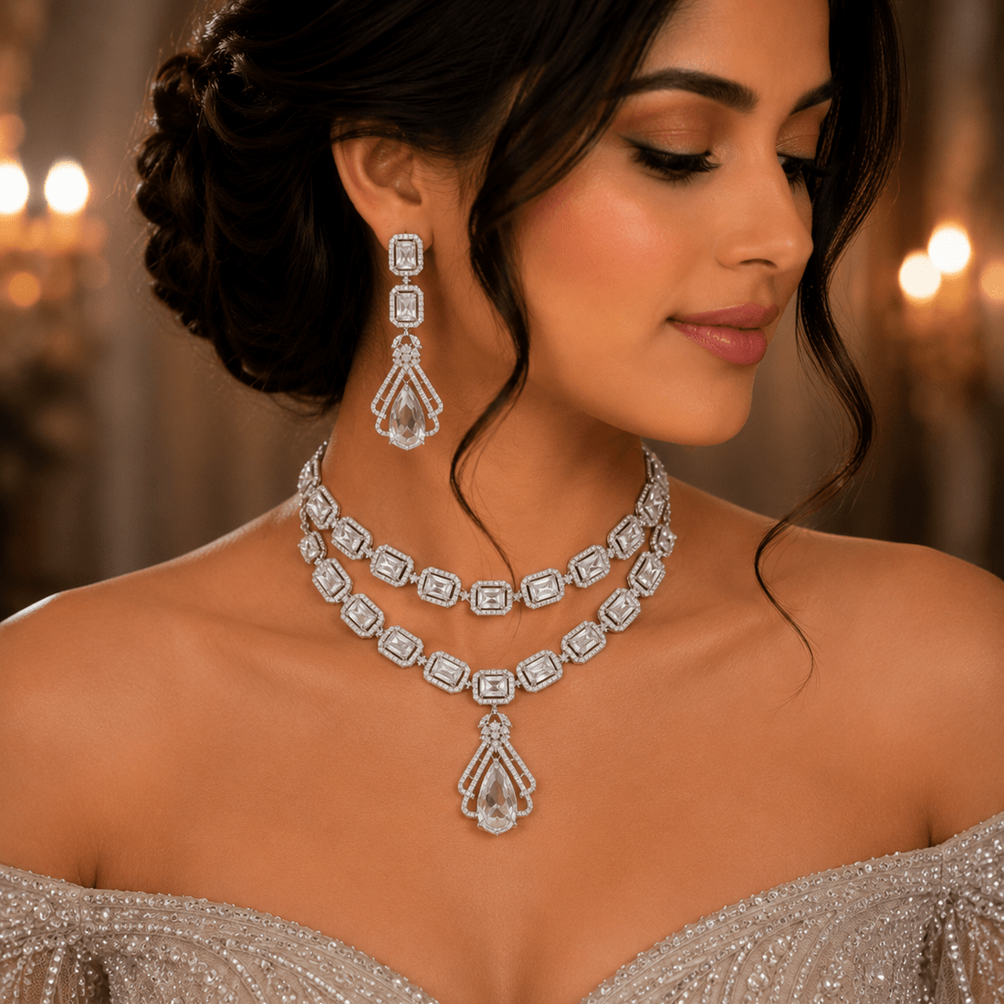 ETHEREAL FROST American Diamond Necklace Earring Set - Vinni’s Jewelry