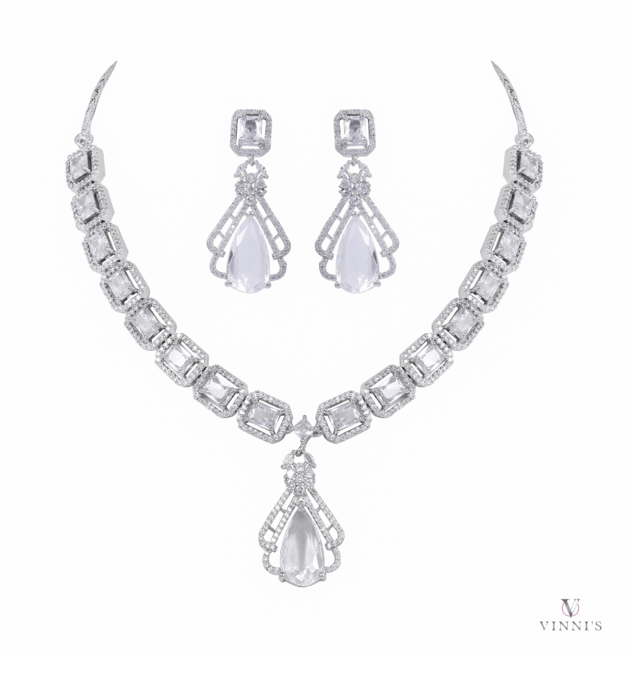 ETHEREAL FROST American Diamond Necklace Earring Set - Vinni’s Jewelry