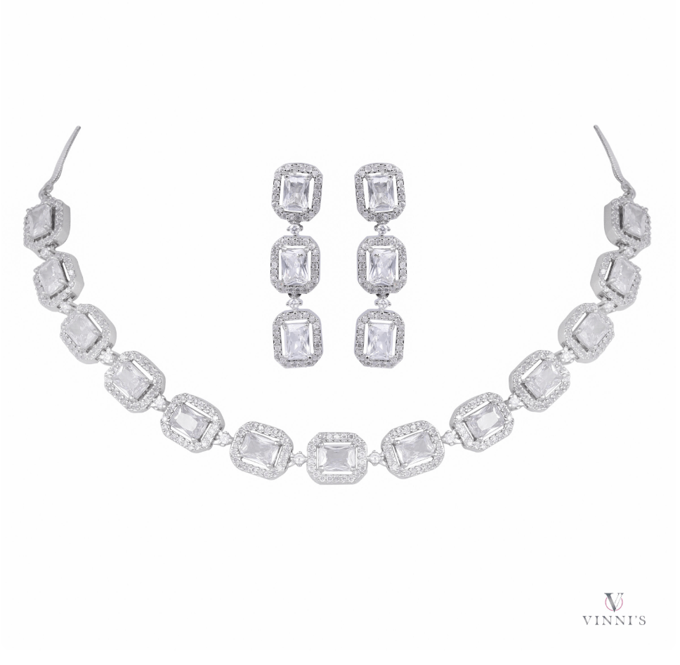 ETHEREAL FROST American Diamond Necklace Earring Set - Vinni’s Jewelry