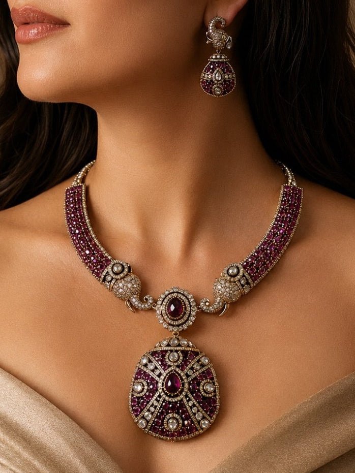 Gajraj Ruby Elephant Pendant Necklace Set - Vinni’s Jewelry