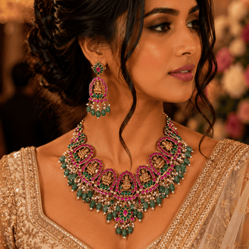 Goddess Laxmi Choker Necklace Set – South Indian Temple Jewelry with Green Drops - Vinni’s Jewelry