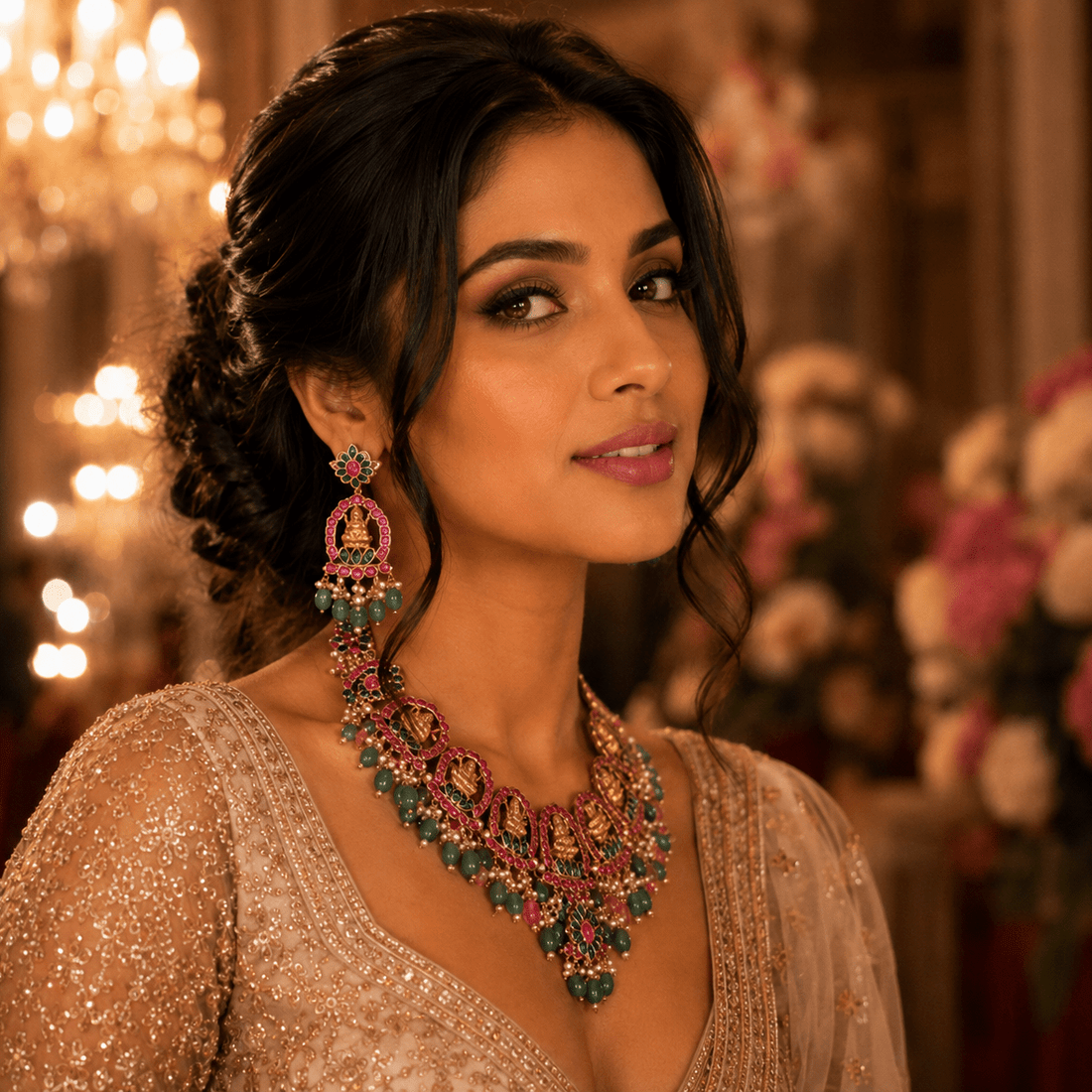 Goddess Laxmi Choker Necklace Set – South Indian Temple Jewelry with Green Drops - Vinni’s Jewelry
