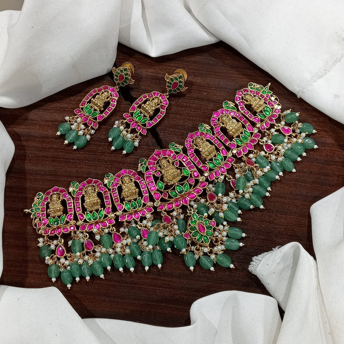Goddess Laxmi Choker Necklace Set – South Indian Temple Jewelry with Green Drops - Vinni’s Jewelry