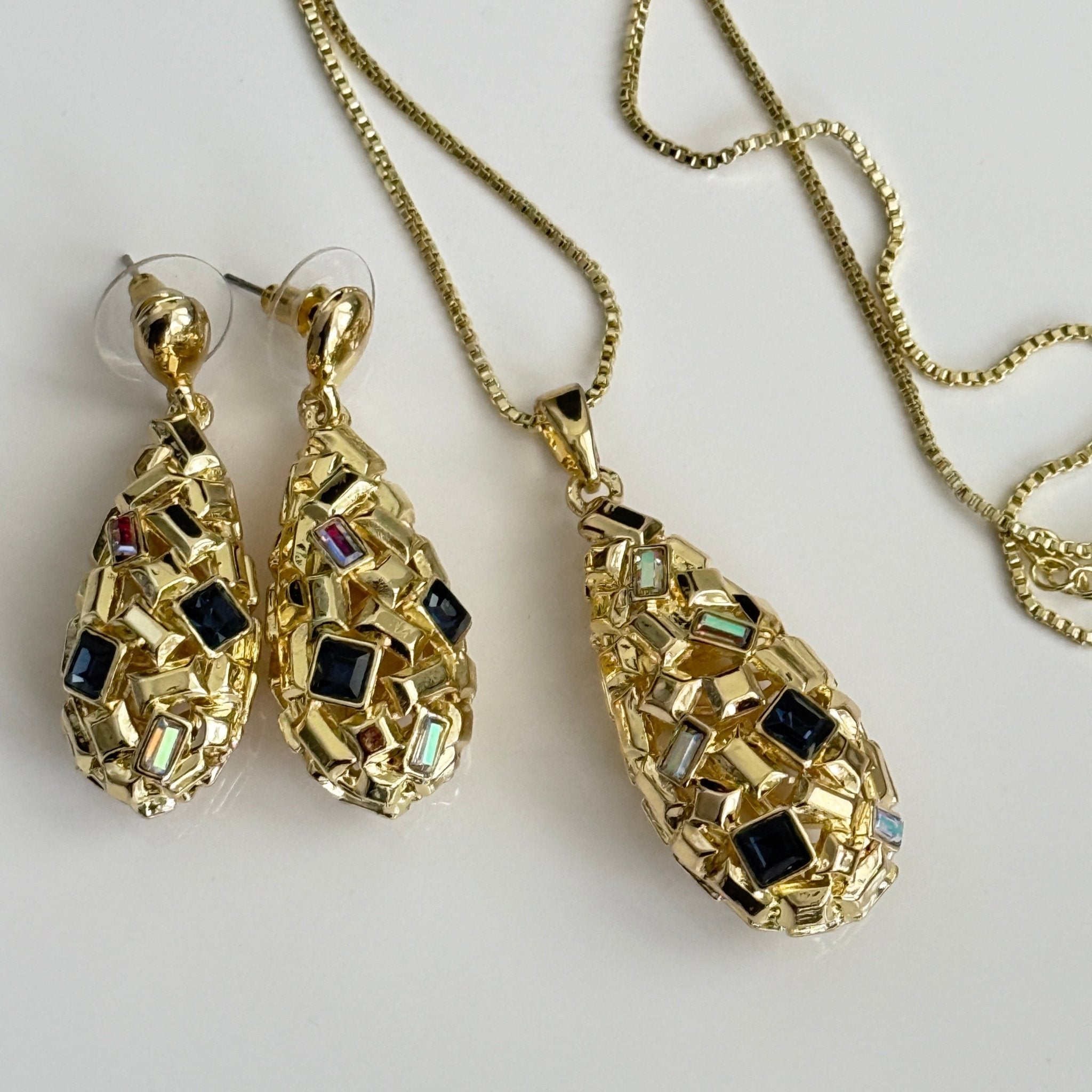 Gold Mosaic Drop Pendant Set – Color Stone Necklace and Earrings for Women - Vinni’s Jewelry