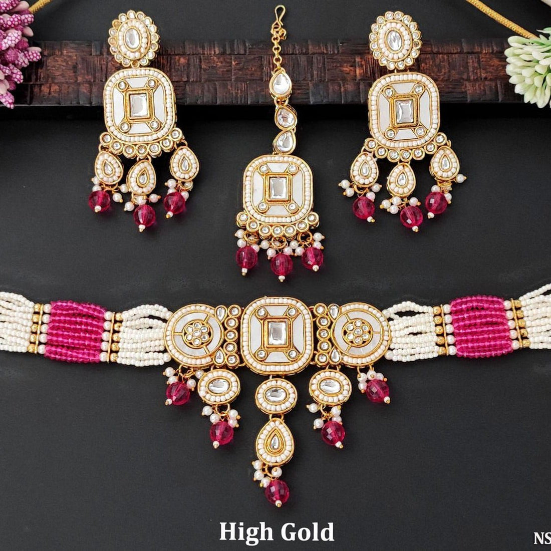 Gulnar Kundan Pearl Bridal Necklace Set – Magenta Delight - Vinni’s Jewelry