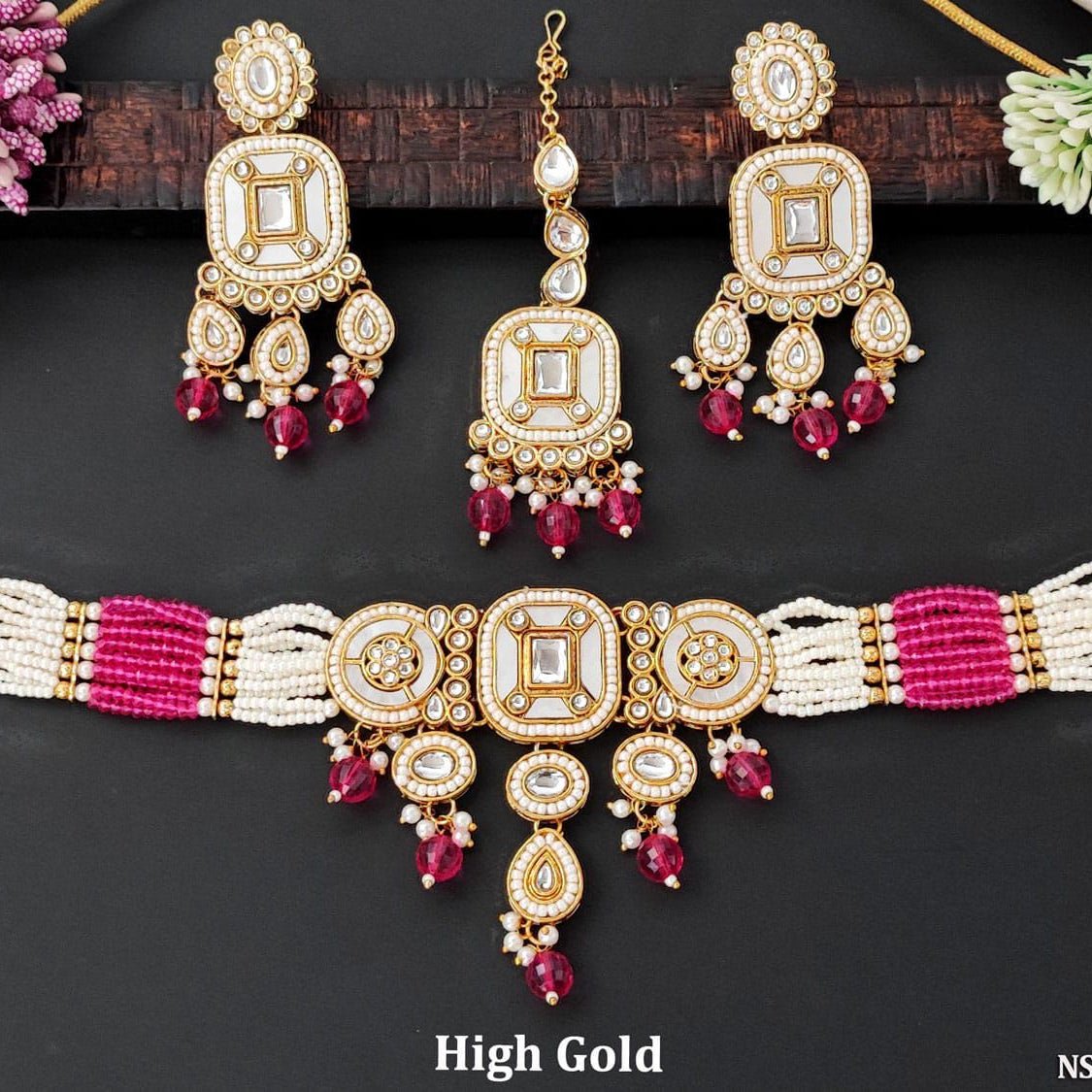 Gulnar Kundan Pearl Bridal Necklace Set – Magenta Delight - Vinni’s Jewelry