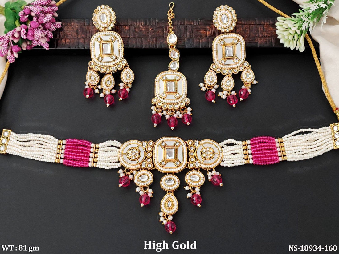 Gulnar Kundan Pearl Bridal Necklace Set – Magenta Delight - Vinni’s Jewelry