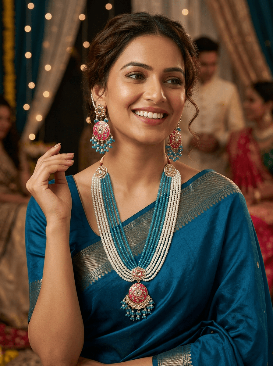 Gulnar Rangoli Kundan Multistrand Necklace Set - Vinni’s Jewelry