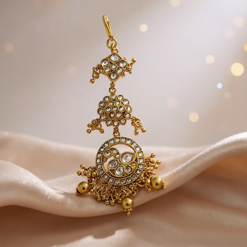Heritage Rajwada Polki & Meenakari Tikka with Pearls & Emerald Beads - Vinni’s Jewelry