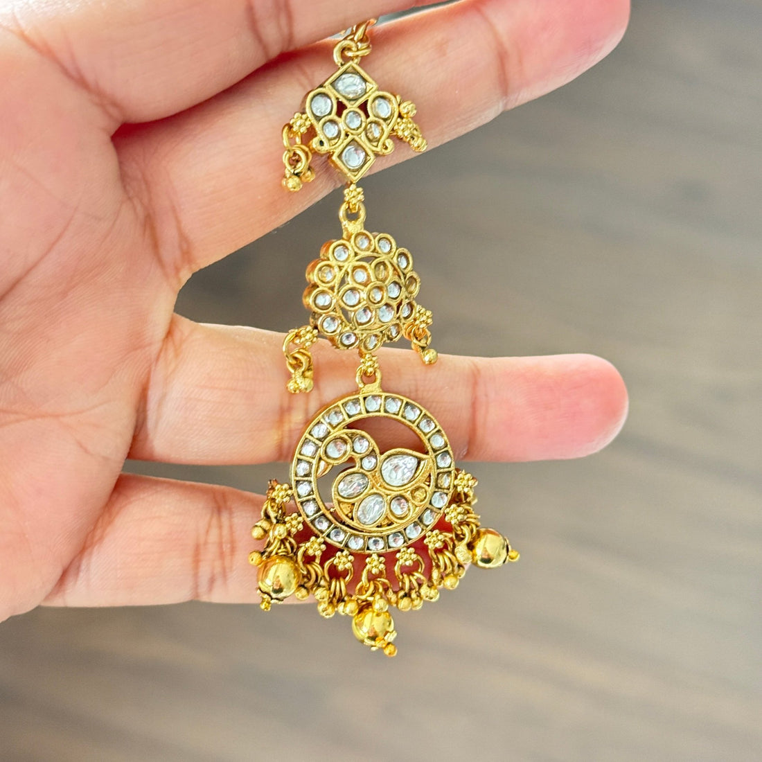 Heritage Rajwada Polki & Meenakari Tikka with Pearls & Emerald Beads - Vinni’s Jewelry