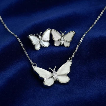 Iridescent Butterfly Mother - of - Pearl Necklace and Earrings Set – Silver Finish | Pastel Enamel Wings - Vinni’s Jewelry