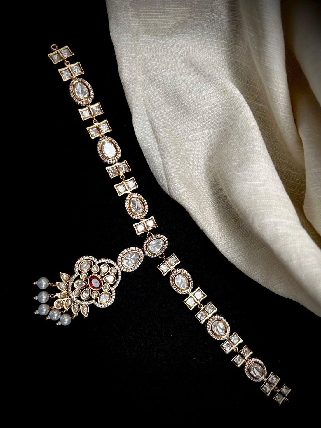 Ishya Kundan Matha Patti – Bridal Headpiece with CZ & Pearl Tassels - Vinni’s Jewelry
