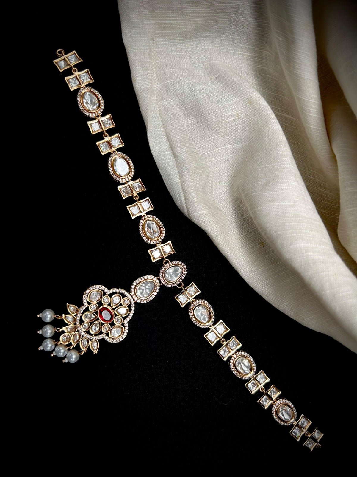 Ishya Kundan Matha Patti – Bridal Headpiece with CZ & Pearl Tassels - Vinni’s Jewelry