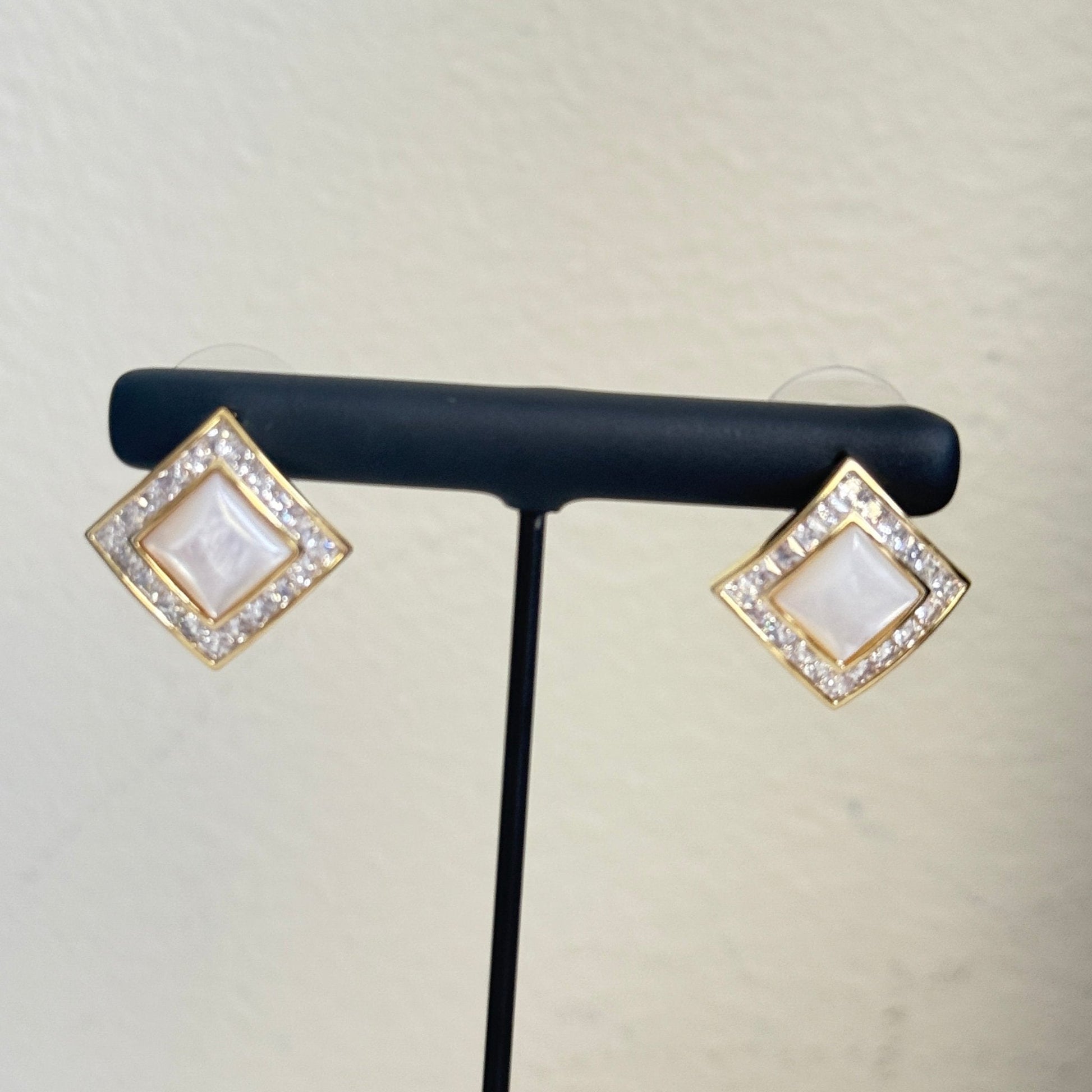 Ivory Glow Square Studs Mother of Pearl & Crystal Border - Vinni’s Jewelry