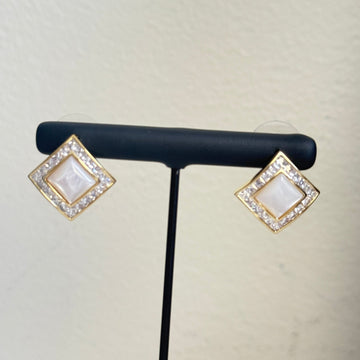 Ivory Glow Square Studs Mother of Pearl & Crystal Border - Vinni’s Jewelry