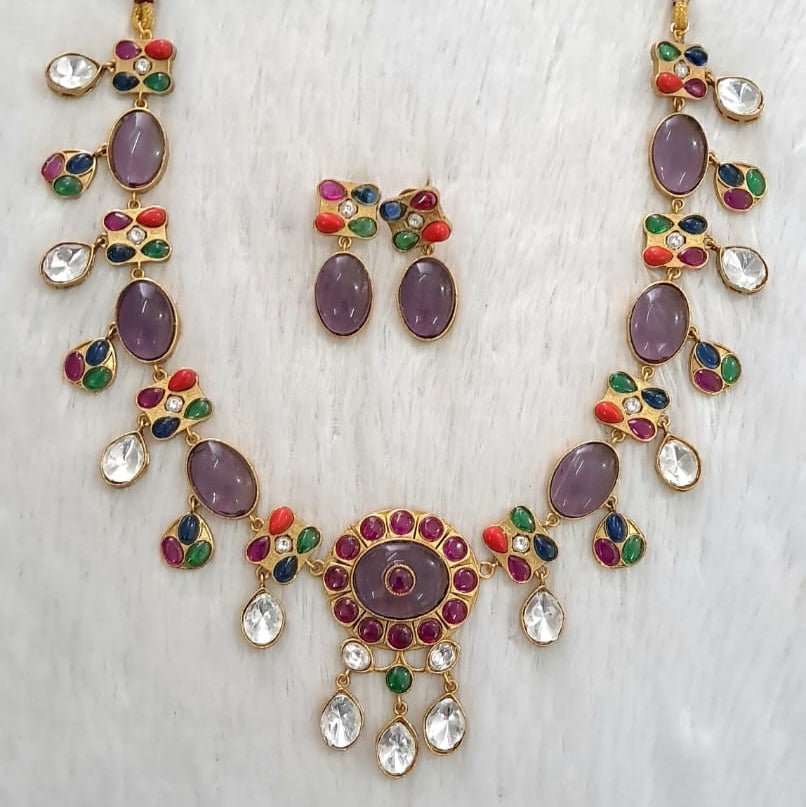Lavanya Matt Gold Lavender Stone Necklace Set – Multicolor Bridal Jewelry - Vinni’s Jewelry