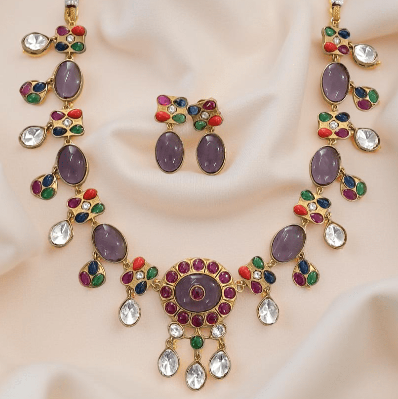 Lavanya Matt Gold Lavender Stone Necklace Set – Multicolor Bridal Jewelry - Vinni’s Jewelry