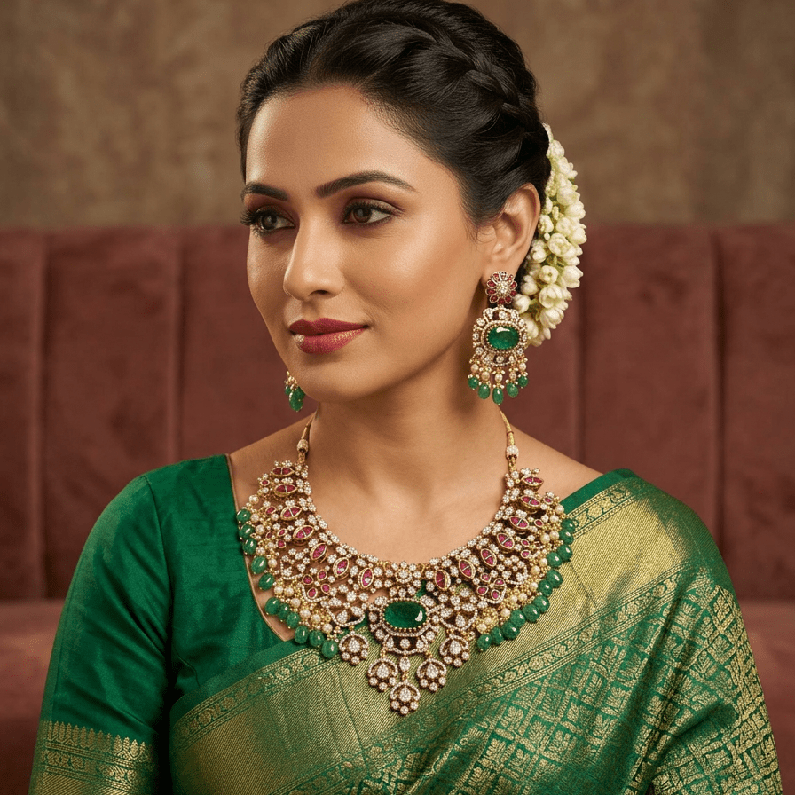 Meher Emerald Ruby Bridal Choker Set with Earrings - Vinni’s Jewelry