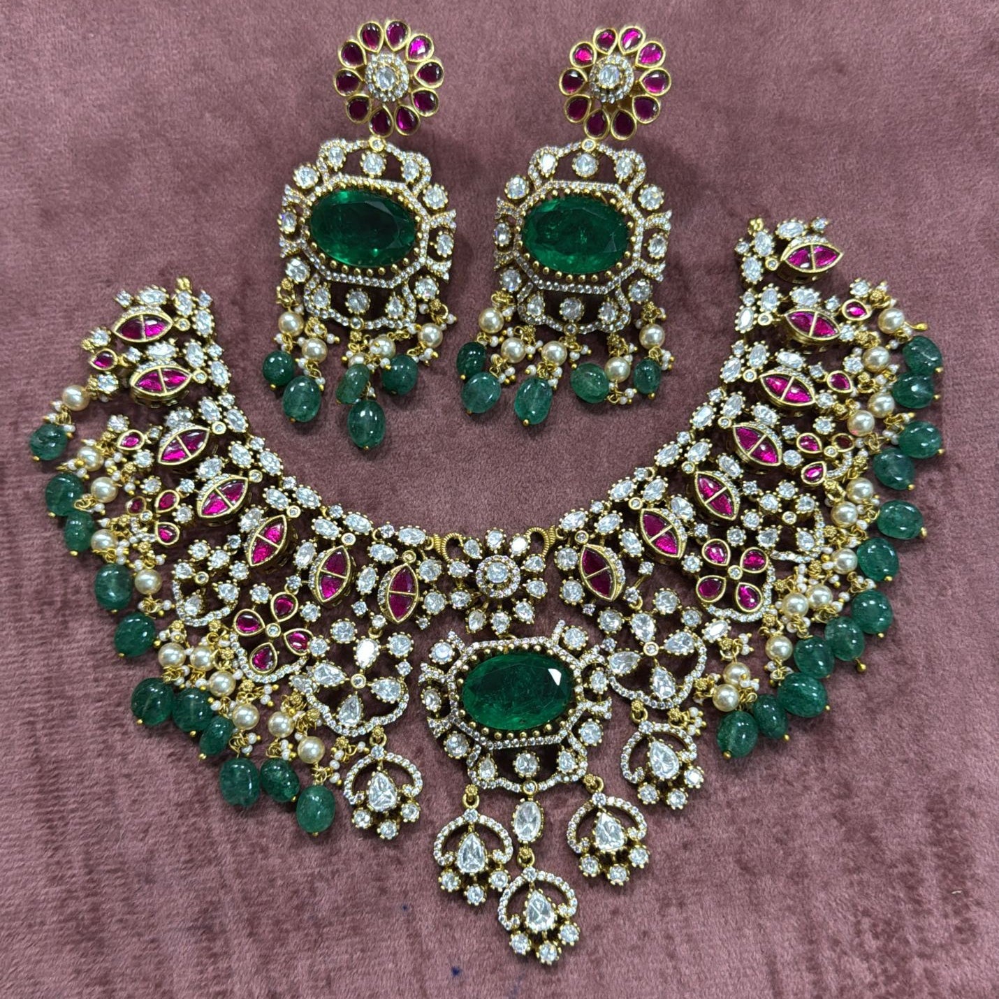 Meher Emerald Ruby Bridal Choker Set with Earrings - Vinni’s Jewelry